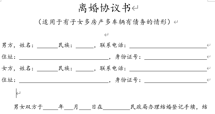 离婚协议书（适用于有子女多房产多车辆有债务的情形）